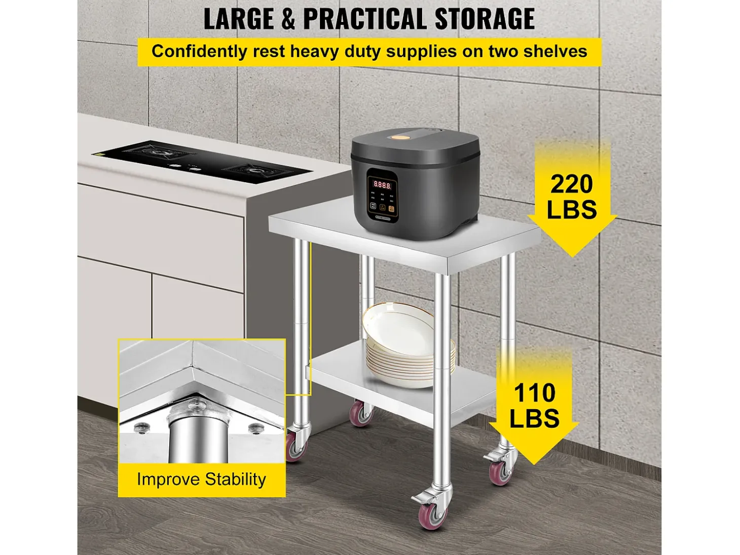 Mesa de Trabalho em Aço Inoxidável SucceBuy, 76x46x86 cm, Capacidade de Carga 100 kg, 4 Rodízios, para Cozinha Comercial, Restaurante