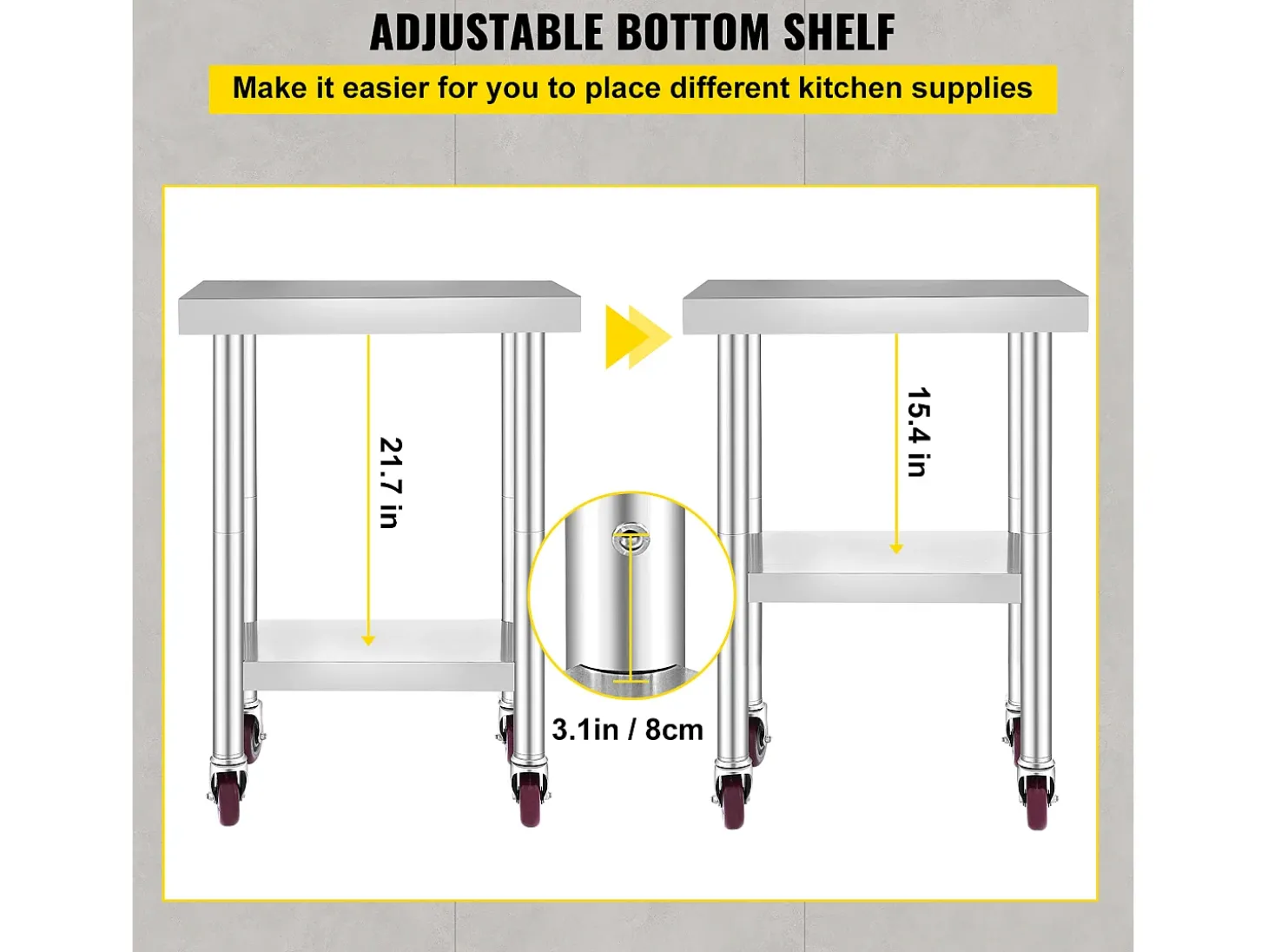 Mesa de Trabalho em Aço Inoxidável SucceBuy, 76x46x86 cm, Capacidade de Carga 100 kg, 4 Rodízios, para Cozinha Comercial, Restaurante
