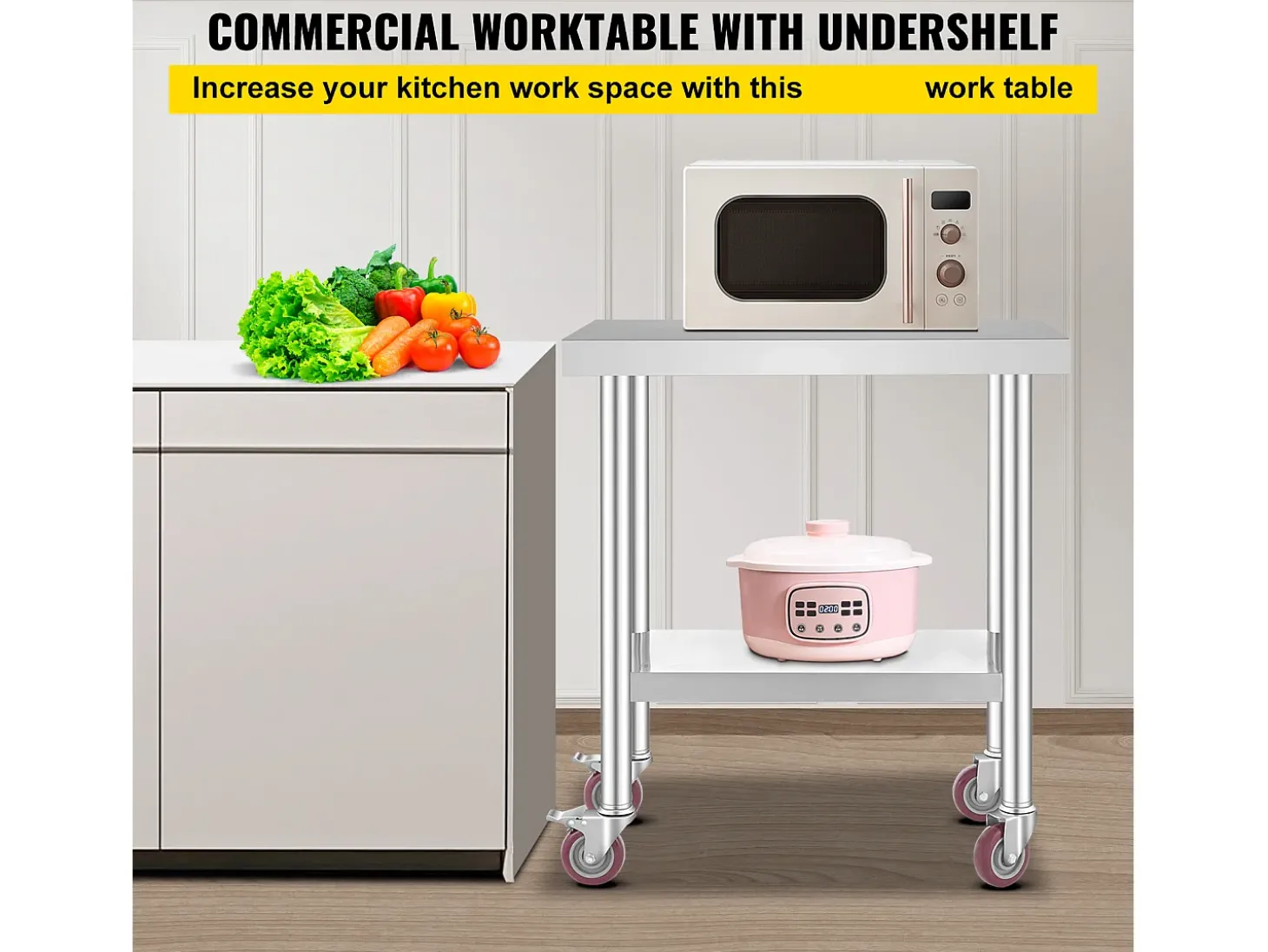 Mesa de Trabalho em Aço Inoxidável SucceBuy, 76x46x86 cm, Capacidade de Carga 100 kg, 4 Rodízios, para Cozinha Comercial, Restaurante