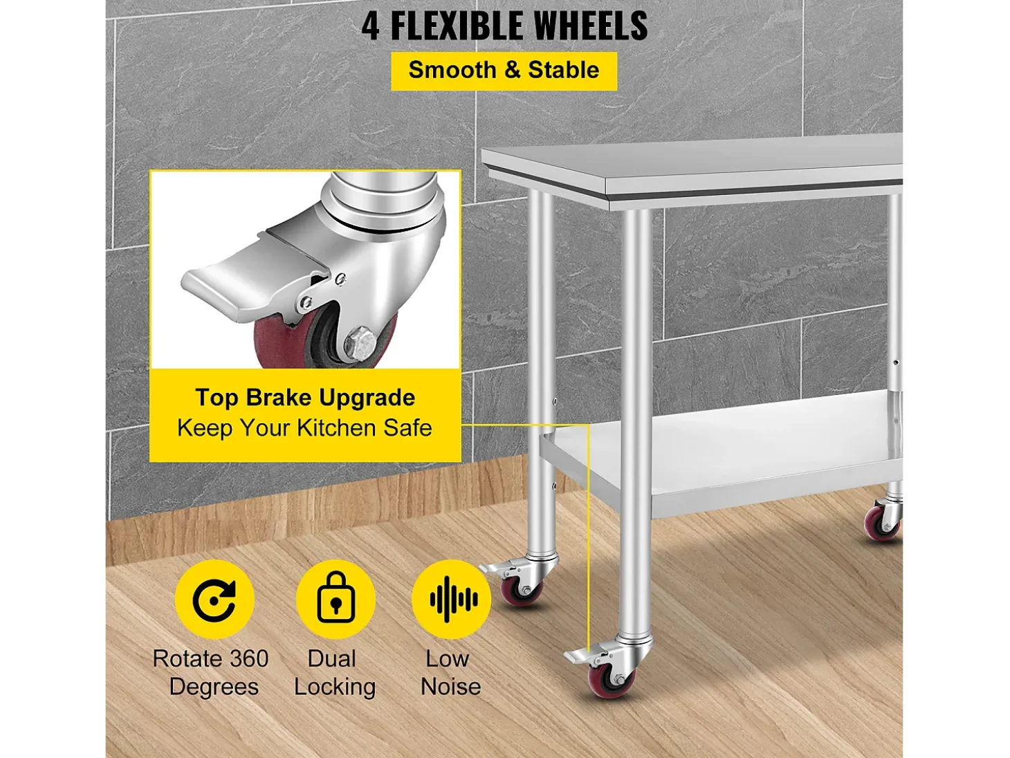 Mesa de Trabalho em Aço Inoxidável SucceBuy, 90x60x85 cm, Capacidade de Carga de 317,5 kg, 4 Rodas, para Cozinha Comercial, Restaurante