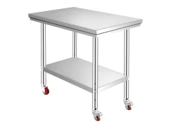 Mesa de Trabalho em Aço Inoxidável SucceBuy, 90x60x85 cm, Capacidade de Carga de 317,5 kg, 4 Rodas, para Cozinha Comercial, Restaurante