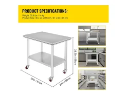 Mesa de Trabalho em Aço Inoxidável SucceBuy, 90x60x85 cm, Capacidade de Carga de 317,5 kg, 4 Rodas, para Cozinha Comercial, Restaurante