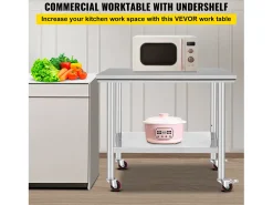 Mesa de Trabalho em Aço Inoxidável SucceBuy, 90x60x85 cm, Capacidade de Carga de 317,5 kg, 4 Rodas, para Cozinha Comercial, Restaurante