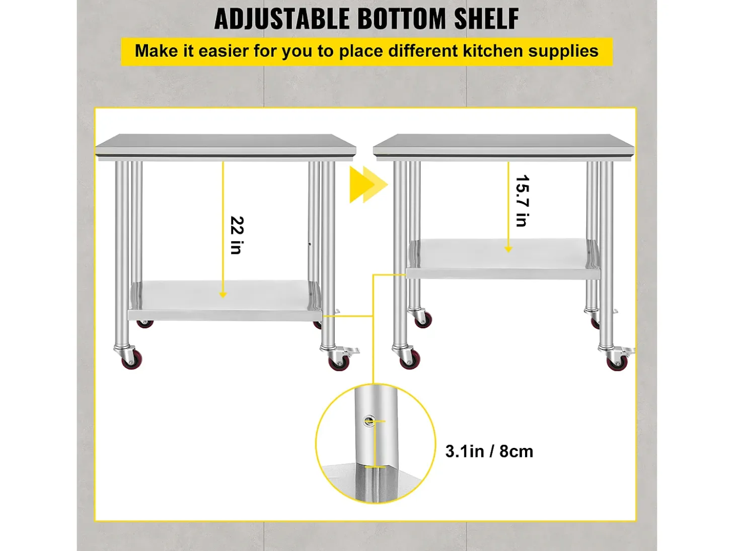 Mesa de Trabalho em Aço Inoxidável SucceBuy, 90x60x85 cm, Capacidade de Carga de 317,5 kg, 4 Rodas, para Cozinha Comercial, Restaurante