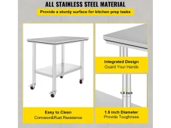 Mesa de Trabalho em Aço Inoxidável SucceBuy, 90x60x85 cm, Capacidade de Carga de 317,5 kg, 4 Rodas, para Cozinha Comercial, Restaurante