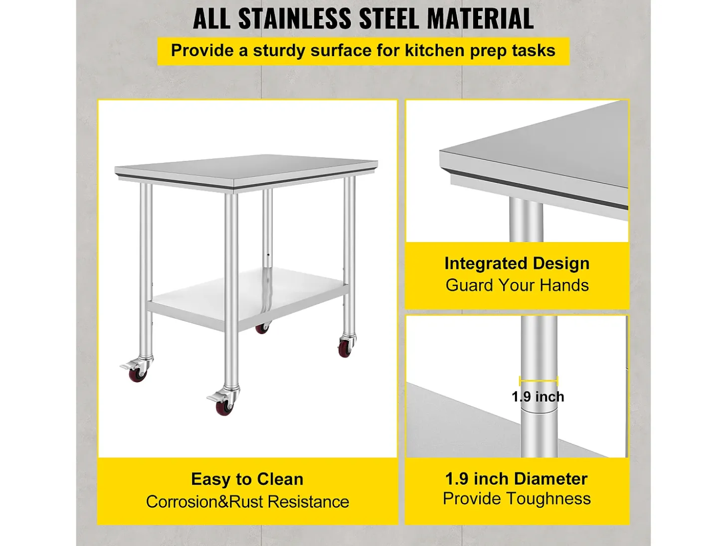 Mesa de Trabalho em Aço Inoxidável SucceBuy, 90x60x85 cm, Capacidade de Carga de 317,5 kg, 4 Rodas, para Cozinha Comercial, Restaurante