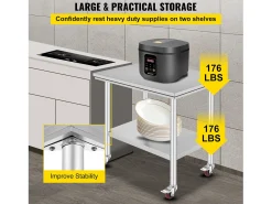 Mesa de Trabalho em Aço Inoxidável SucceBuy, 90x60x85 cm, Capacidade de Carga de 317,5 kg, 4 Rodas, para Cozinha Comercial, Restaurante