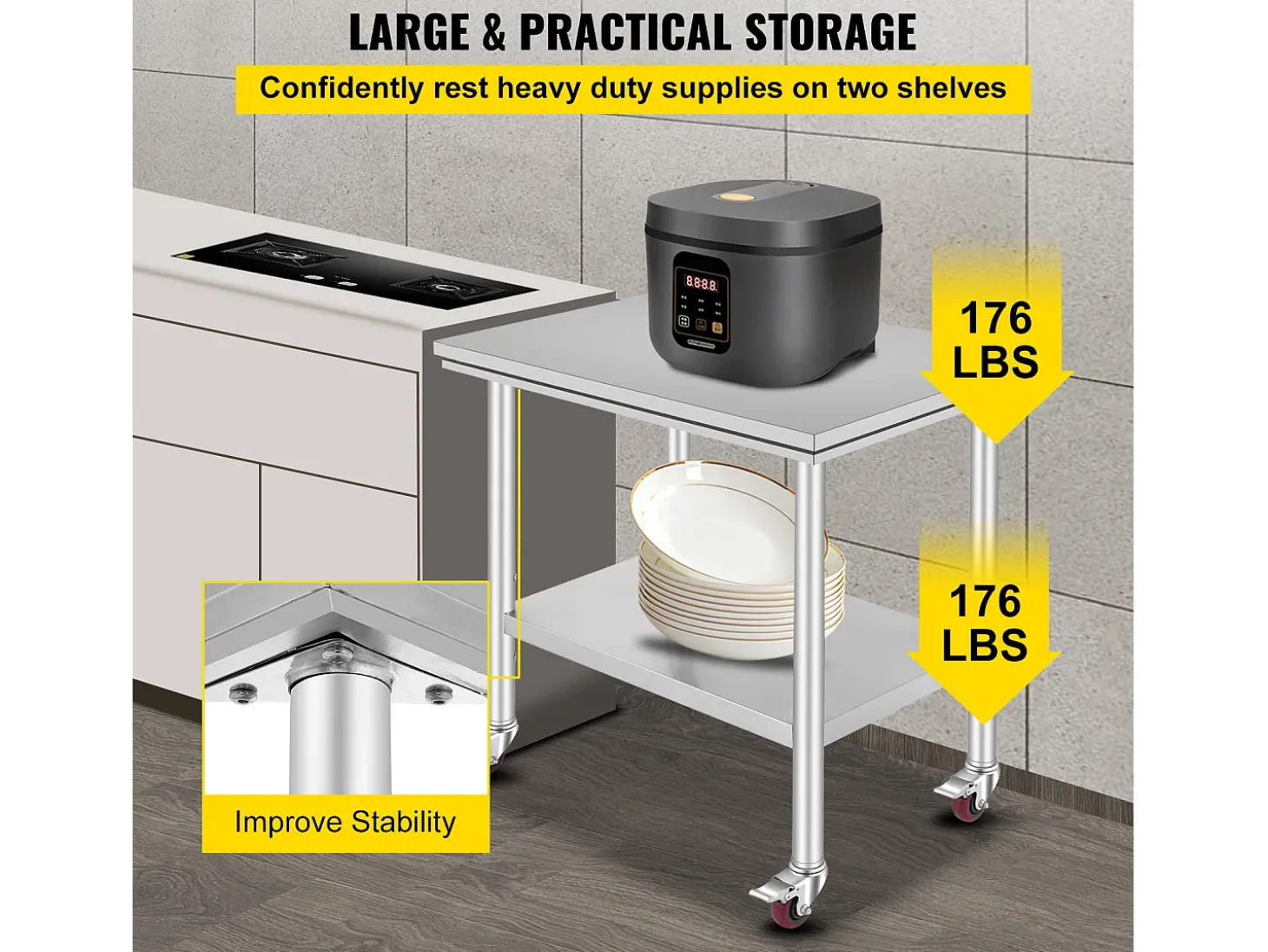 Mesa de Trabalho em Aço Inoxidável SucceBuy, 90x60x85 cm, Capacidade de Carga de 317,5 kg, 4 Rodas, para Cozinha Comercial, Restaurante