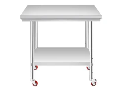 Mesa de Trabalho em Aço Inoxidável SucceBuy, 90x60x85 cm, Capacidade de Carga de 317,5 kg, 4 Rodas, para Cozinha Comercial, Restaurante