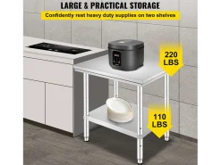 Mesa de Trabalho em Aço Inoxidável 60x76x80 cm, 2 Andares, para Preparação de Cozinha de Alimentos e Refeições, Hotéis, Escritórios, Hospitais