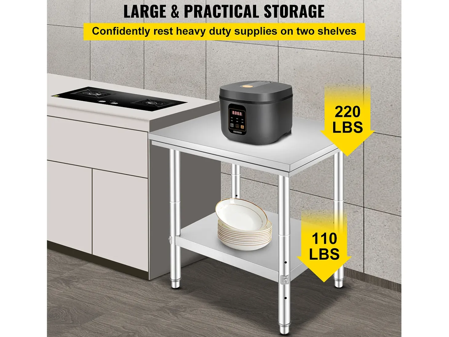 Mesa de Trabalho em Aço Inoxidável 60x76x80 cm, 2 Andares, para Preparação de Cozinha de Alimentos e Refeições, Hotéis, Escritórios, Hospitais