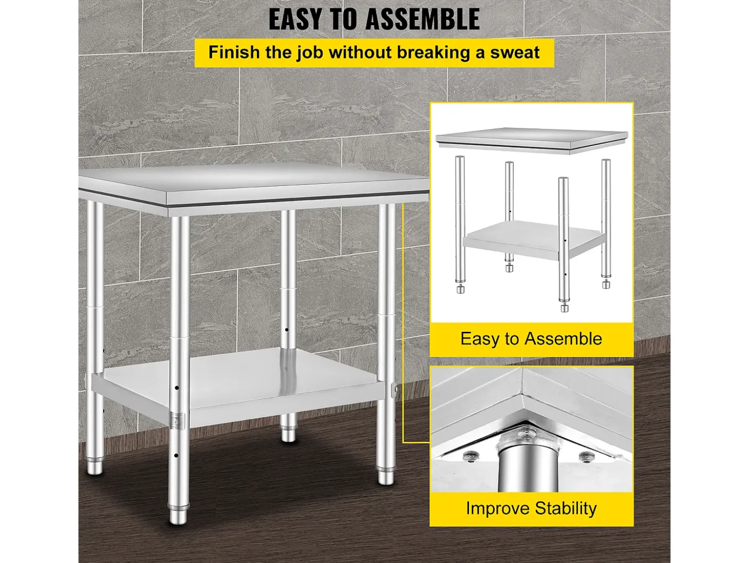 Mesa de Trabalho em Aço Inoxidável 60x76x80 cm, 2 Andares, para Preparação de Cozinha de Alimentos e Refeições, Hotéis, Escritórios, Hospitais