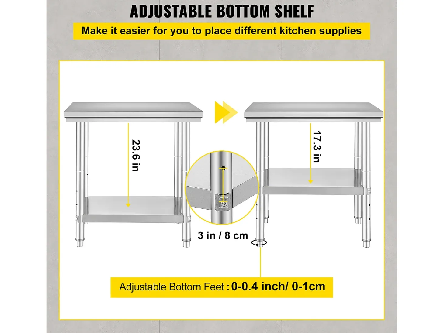 Mesa de Trabalho em Aço Inoxidável 60x76x80 cm, 2 Andares, para Preparação de Cozinha de Alimentos e Refeições, Hotéis, Escritórios, Hospitais