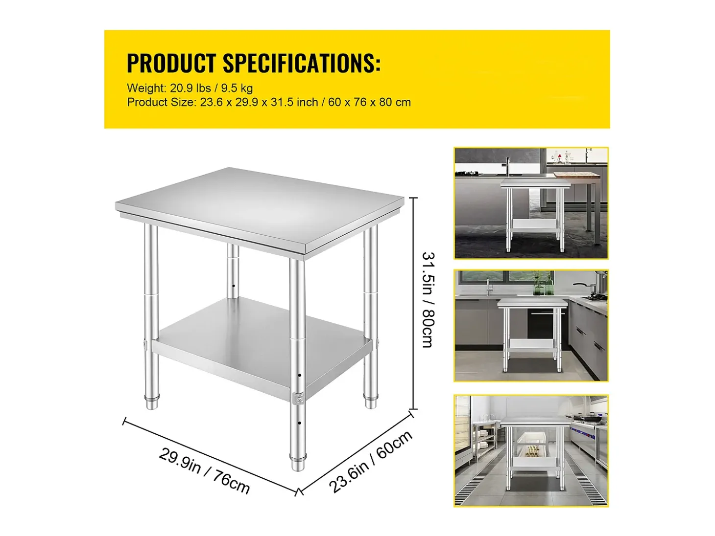 Mesa de Trabalho em Aço Inoxidável 60x76x80 cm, 2 Andares, para Preparação de Cozinha de Alimentos e Refeições, Hotéis, Escritórios, Hospitais