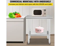 Mesa de Trabalho em Aço Inoxidável 60x76x80 cm, 2 Andares, para Preparação de Cozinha de Alimentos e Refeições, Hotéis, Escritórios, Hospitais