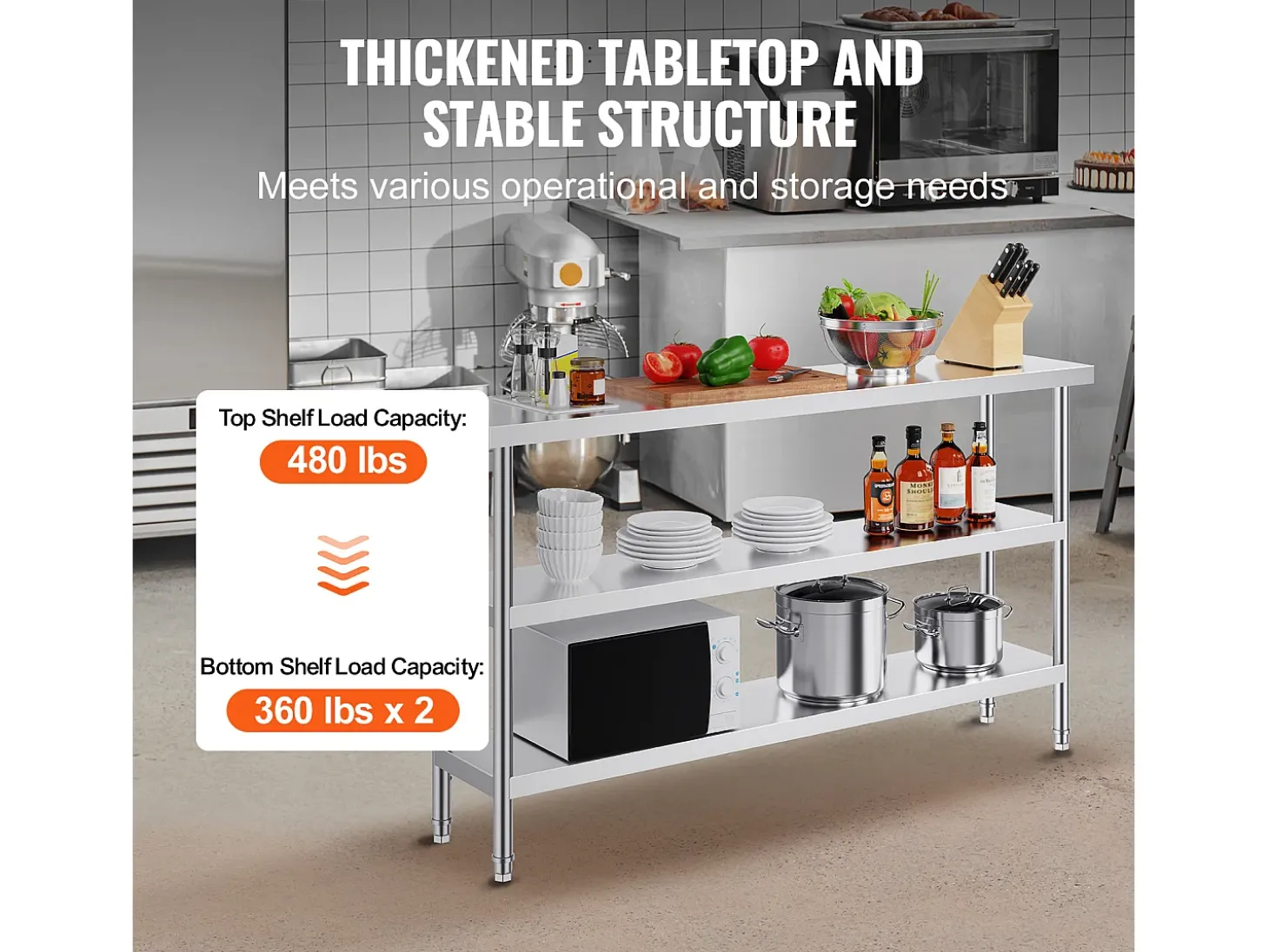 Mesa de Trabalho em Aço Inoxidável SucceBuy, 356 x 1524 x 864 mm, Mesa Comercial de Preparação para Cozinhas