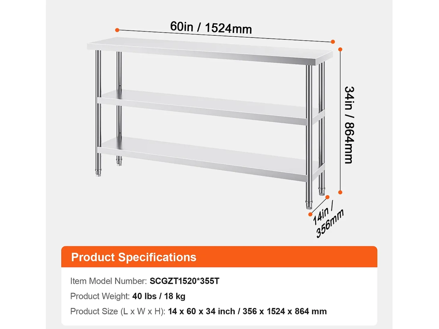 Mesa de Trabalho em Aço Inoxidável SucceBuy, 356 x 1524 x 864 mm, Mesa Comercial de Preparação para Cozinhas