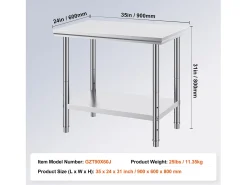 Mesa de Trabalho em Aço Inoxidável 60x90x80 cm, 2 Andares, para Preparação de Cozinha de Alimentos e Refeições, Hotéis, Escritórios, Hospitais