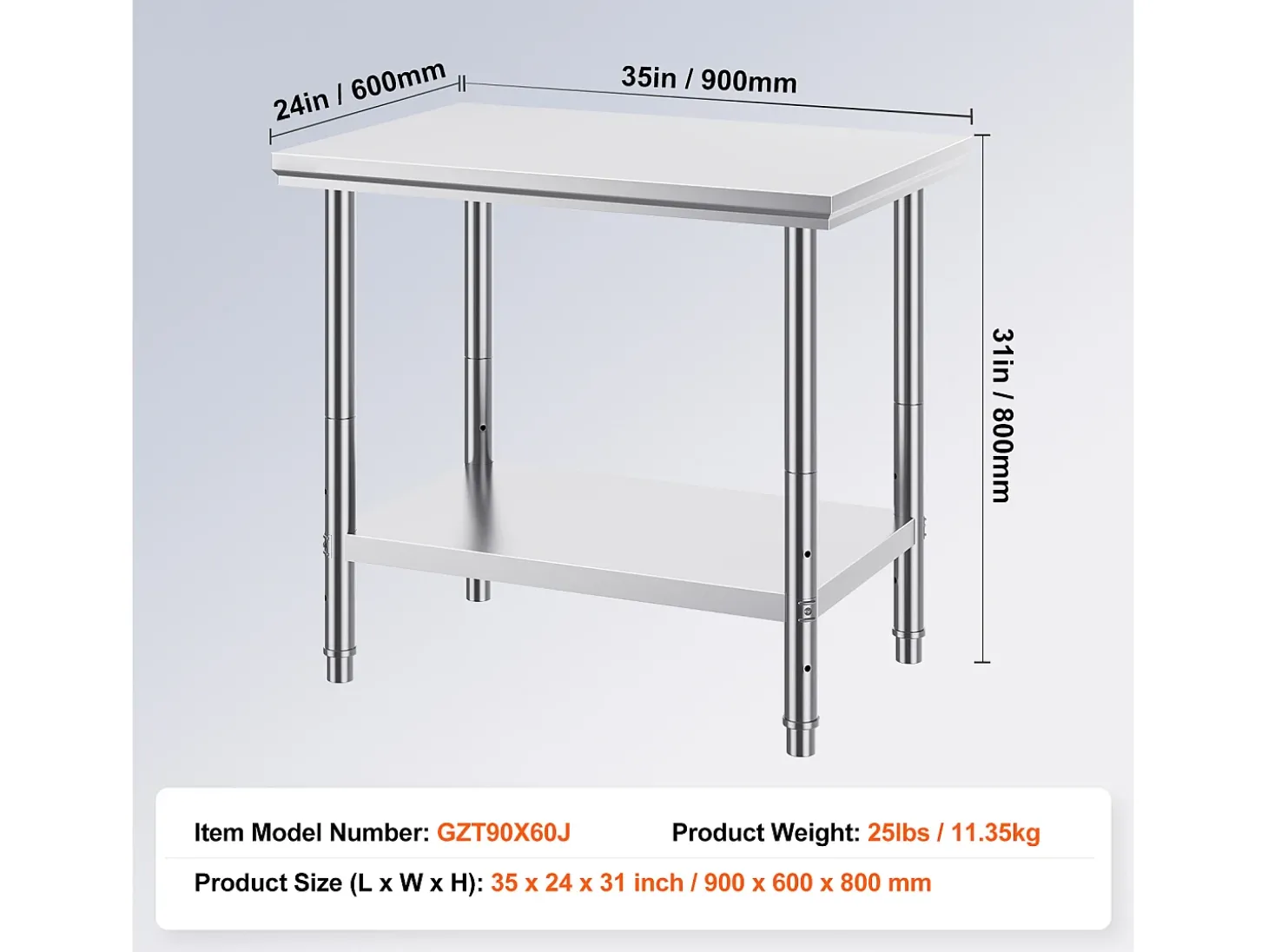 Mesa de Trabalho em Aço Inoxidável 60x90x80 cm, 2 Andares, para Preparação de Cozinha de Alimentos e Refeições, Hotéis, Escritórios, Hospitais