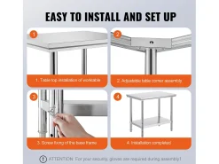 Mesa de Trabalho em Aço Inoxidável 60x90x80 cm, 2 Andares, para Preparação de Cozinha de Alimentos e Refeições, Hotéis, Escritórios, Hospitais