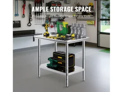 Mesa de Trabalho em Aço Inoxidável 60x90x80 cm, 2 Andares, para Preparação de Cozinha de Alimentos e Refeições, Hotéis, Escritórios, Hospitais