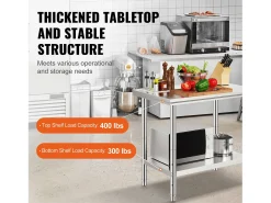 Mesa de Trabalho em Aço Inoxidável 60x90x80 cm, 2 Andares, para Preparação de Cozinha de Alimentos e Refeições, Hotéis, Escritórios, Hospitais