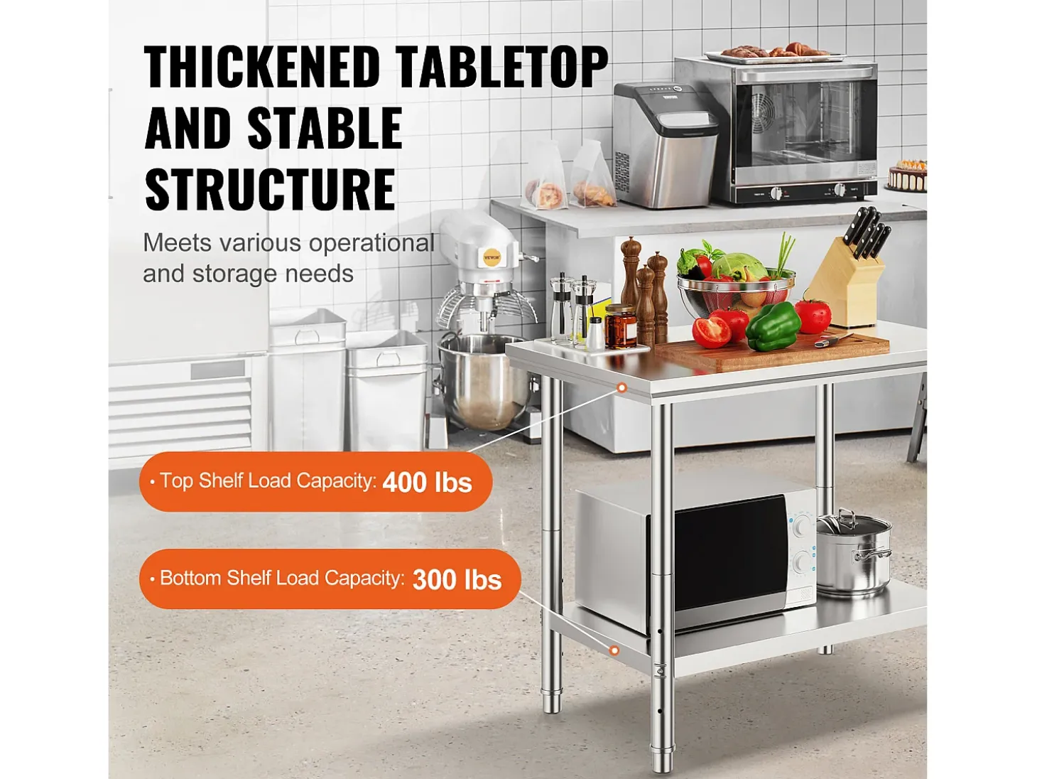 Mesa de Trabalho em Aço Inoxidável 60x90x80 cm, 2 Andares, para Preparação de Cozinha de Alimentos e Refeições, Hotéis, Escritórios, Hospitais