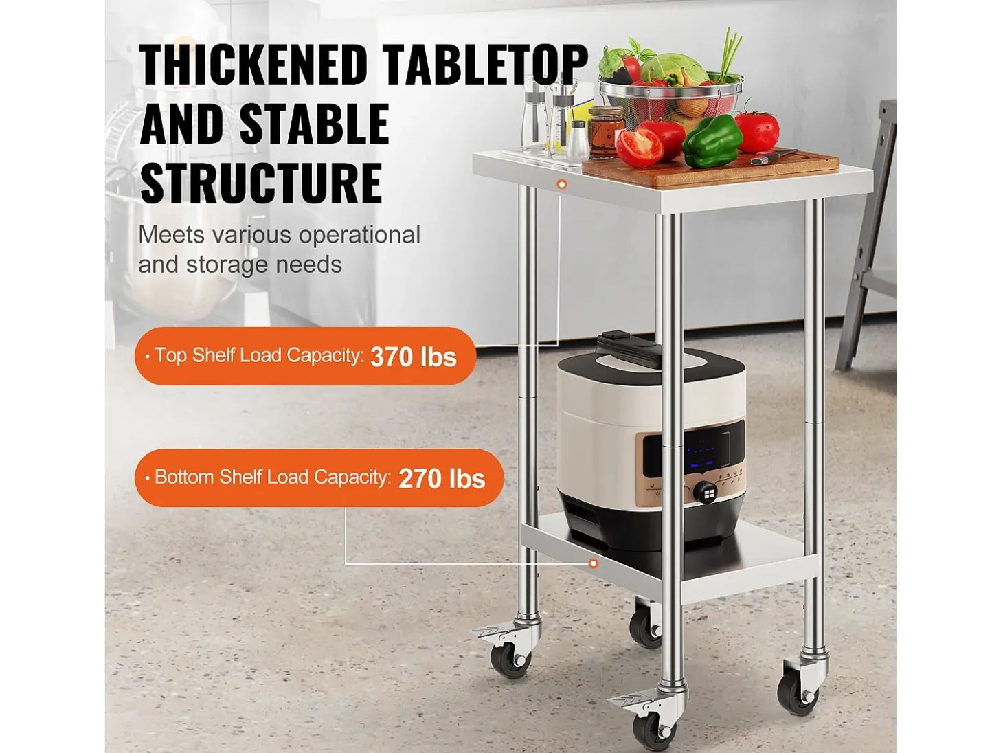 Mesa de Trabalho em Aço Inoxidável SucceBuy, 610 x 457 x 954,6 mm, Mesa Comercial de Preparação com 4 Rodízios