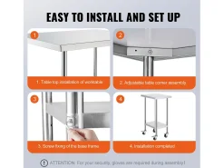 Mesa de Trabalho em Aço Inoxidável SucceBuy, 610 x 457 x 954,6 mm, Mesa Comercial de Preparação com 4 Rodízios