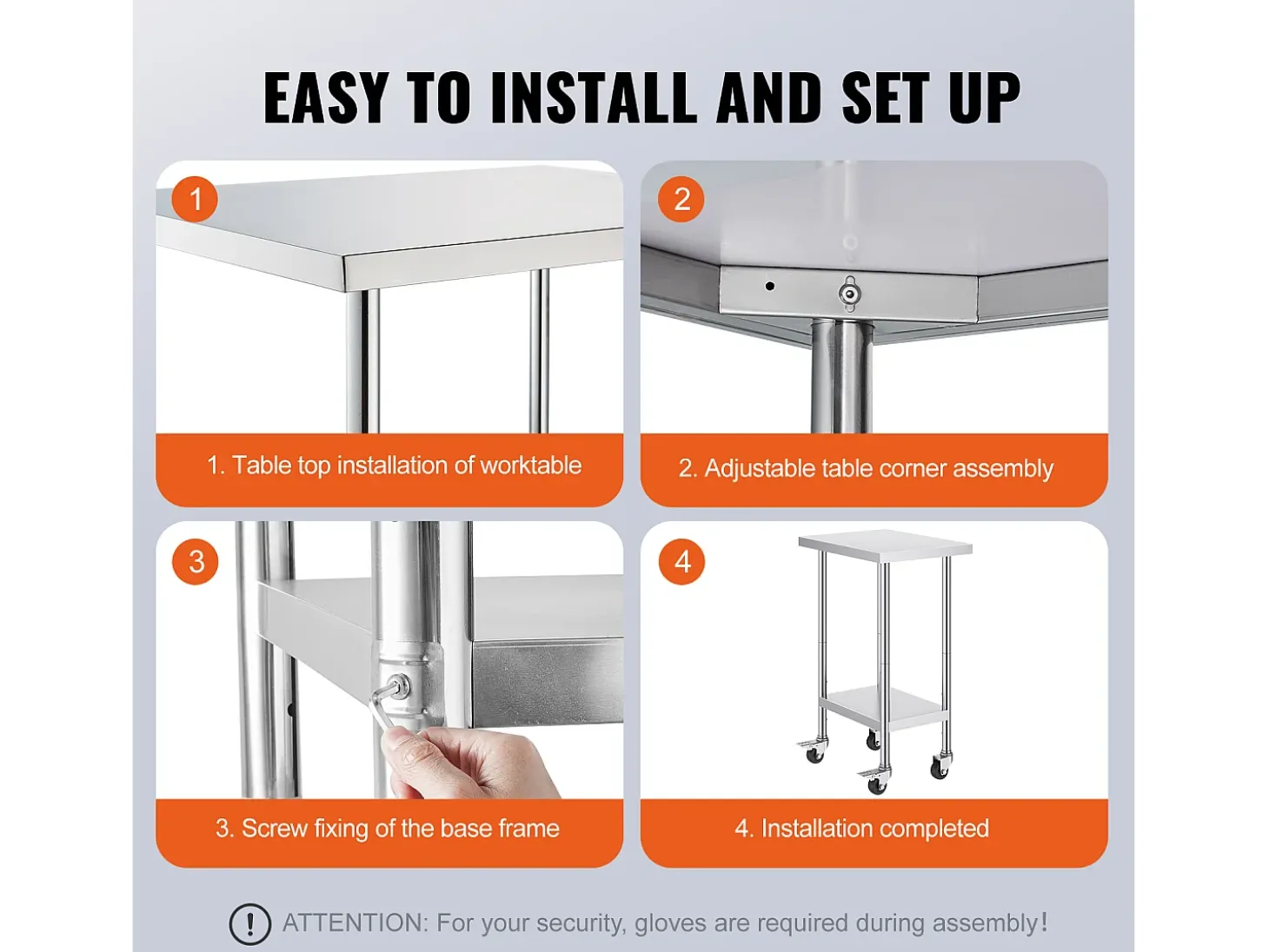 Mesa de Trabalho em Aço Inoxidável SucceBuy, 610 x 457 x 954,6 mm, Mesa Comercial de Preparação com 4 Rodízios