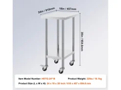Mesa de Trabalho em Aço Inoxidável SucceBuy, 610 x 457 x 954,6 mm, Mesa Comercial de Preparação com 4 Rodízios