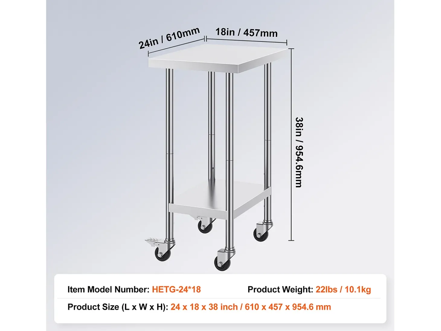 Mesa de Trabalho em Aço Inoxidável SucceBuy, 610 x 457 x 954,6 mm, Mesa Comercial de Preparação com 4 Rodízios