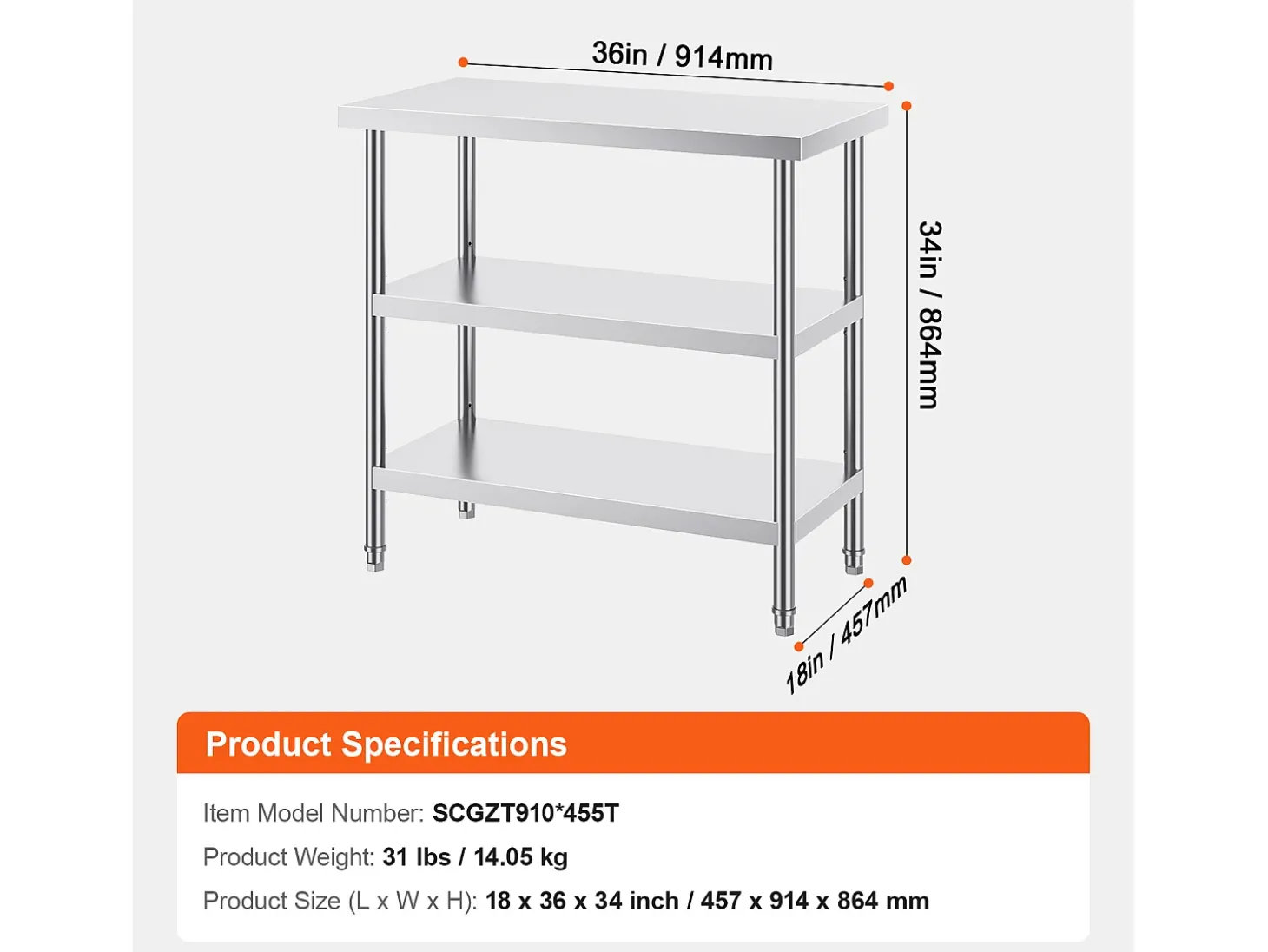 Mesa de Trabalho SucceBuy Mesa de Trabalho em Aço Inoxidável 45.7 x 91.4 cm, Mesa de Preparação de Alimentos para Cozinha Comercial