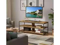 Mesa de TV para sala de estar com 2 prateleiras, madeira clara/preta, 110x45x40 cm