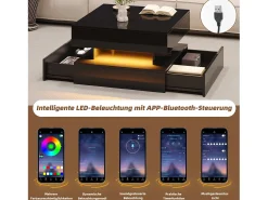 Mesa elevatória brilhante - 65 x 65 x 38,5 cm - com LEDs + 2 gavetas + armazenamento oculto - aglomerado - preto