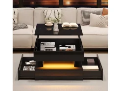 Mesa elevatória brilhante - 65 x 65 x 38,5 cm - com LEDs + 2 gavetas + armazenamento oculto - aglomerado - preto