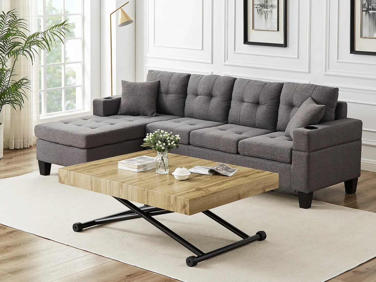 Mesa extensível e levadiça 2 em 1 MDF e aço natural e preto - MORIALA