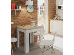 Mesa extensível Newark, Prateleira de jantar dobrável com abertura para livros, Mesa auxiliar dobrável, 67x67/135h79 cm, Branco e Carvalho