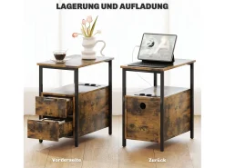 Mesa lateral estreita com 2 gavetas, portas USB e tomadas elétricas, para sala de estar, quarto, marrom