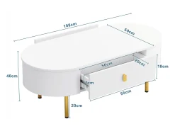 Mesa lateral para sala de estar com 2 gavetas, design curvo anticolisão, branca
