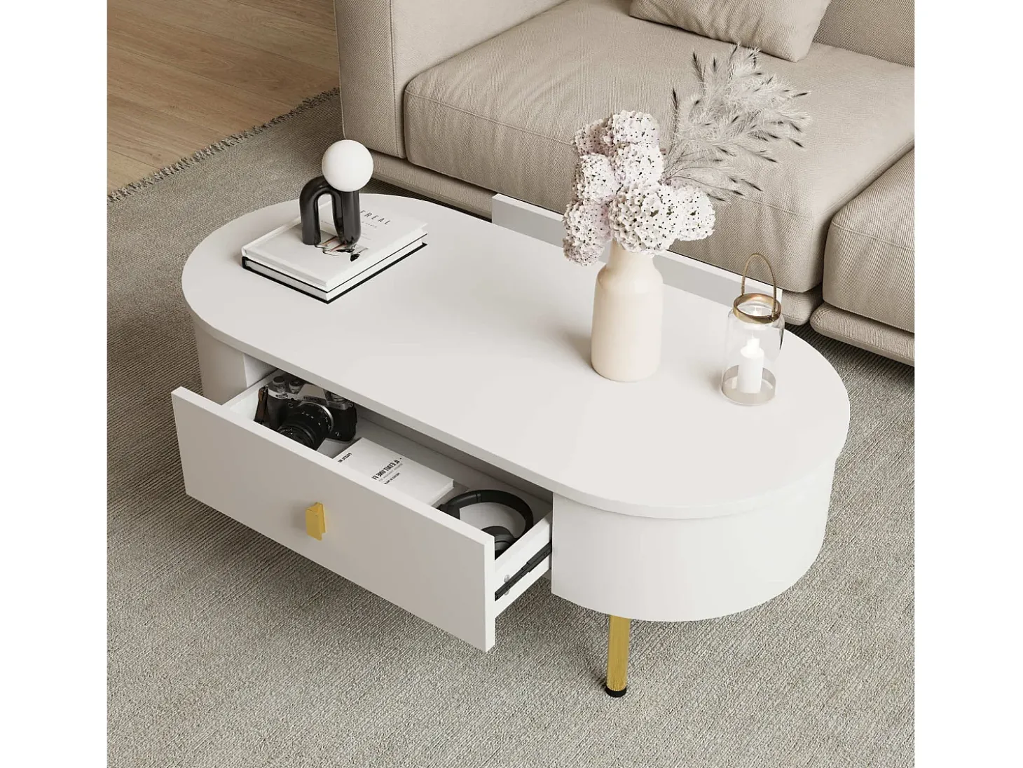 Mesa lateral para sala de estar com 2 gavetas, design curvo anticolisão, branca