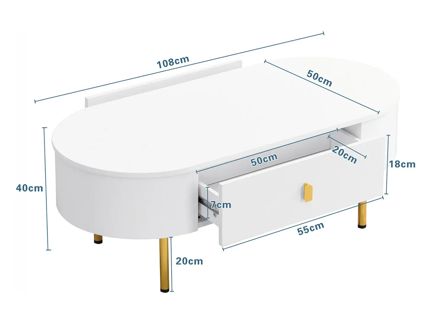 Mesa lateral para sala de estar com 2 gavetas, design curvo anticolisão, branca
