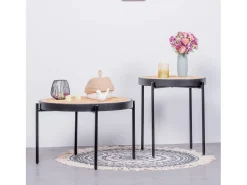 Mesa lateral retrô com detalhes em rattan natural (46cm) - North - Preto