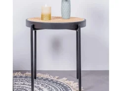 Mesa lateral retrô com detalhes em rattan natural (46cm) - North - Preto