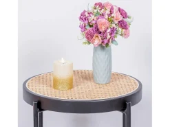 Mesa lateral retrô com detalhes em rattan natural (46cm) - North - Preto