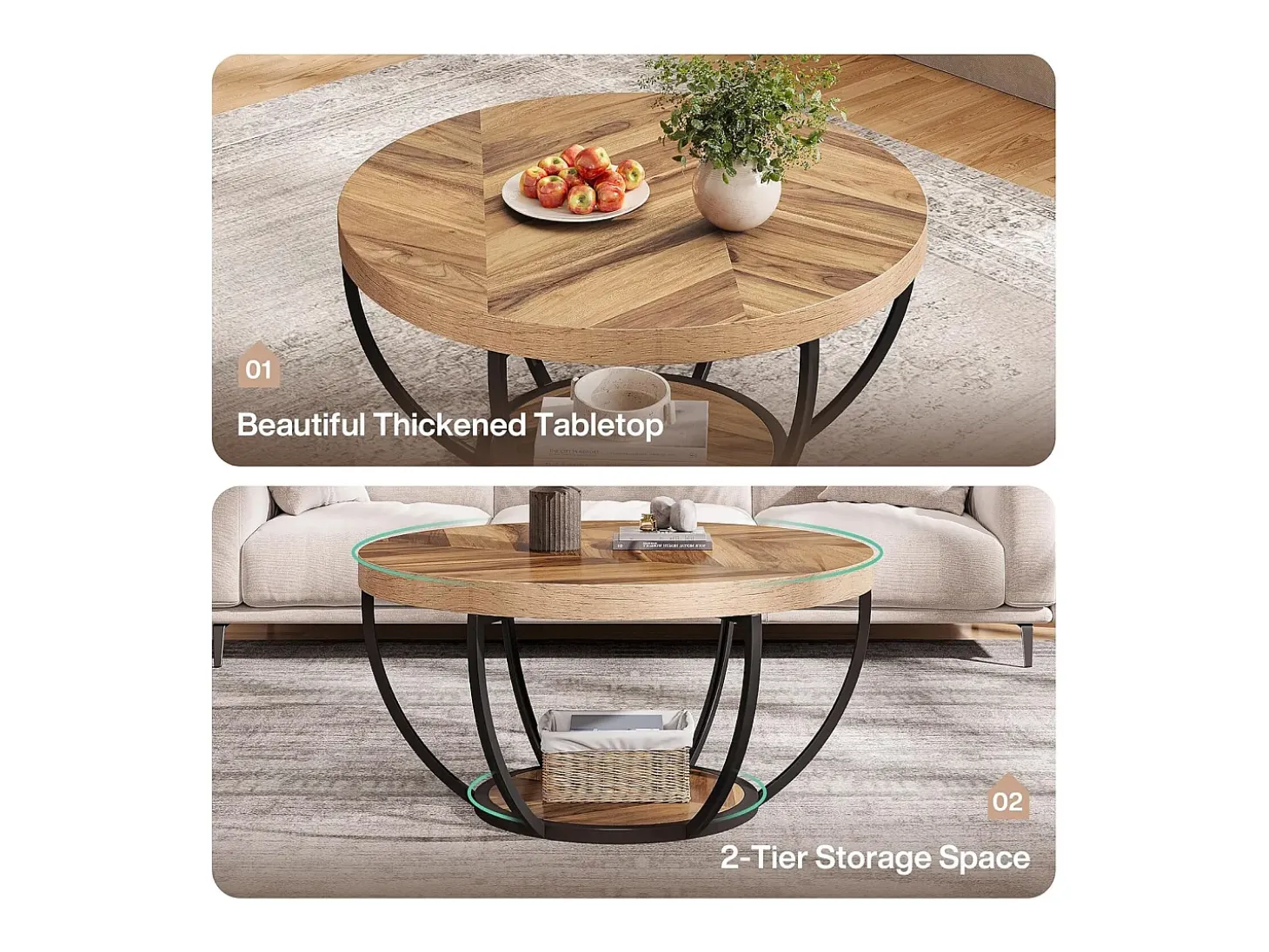 Mesa redonda baixa de coquetel industrial moderna com dois níveis e prateleiras, mesa auxiliar circular para sofá com pernas de metal