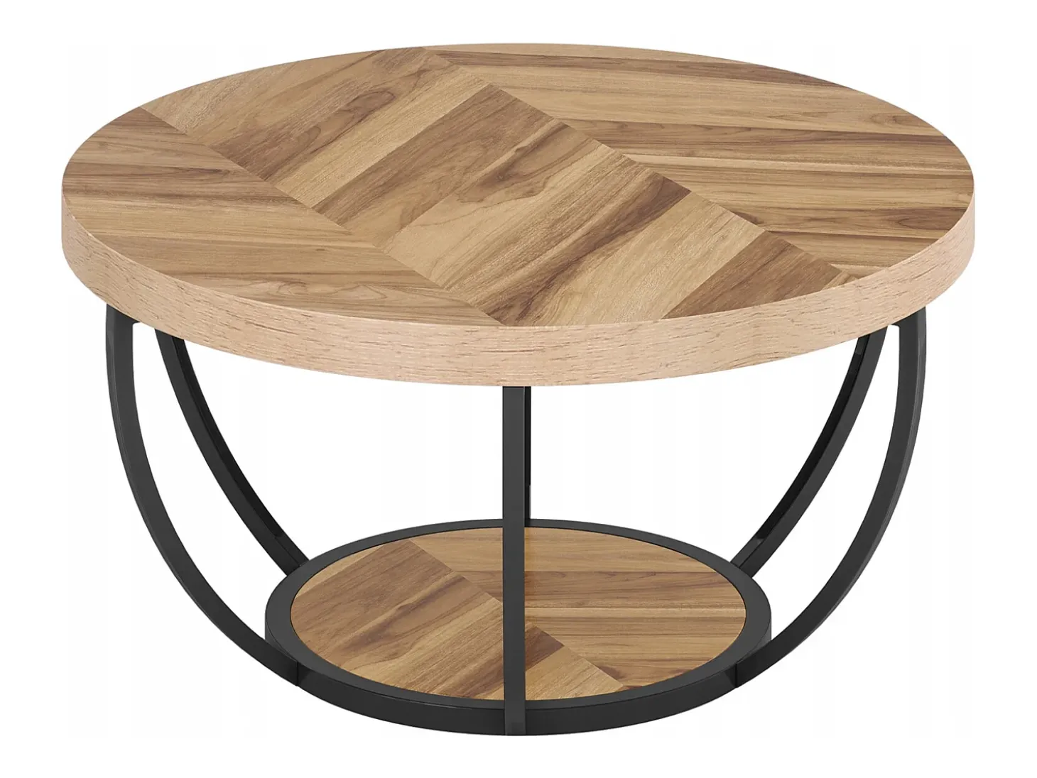 Mesa redonda baixa de coquetel industrial moderna com dois níveis e prateleiras, mesa auxiliar circular para sofá com pernas de metal