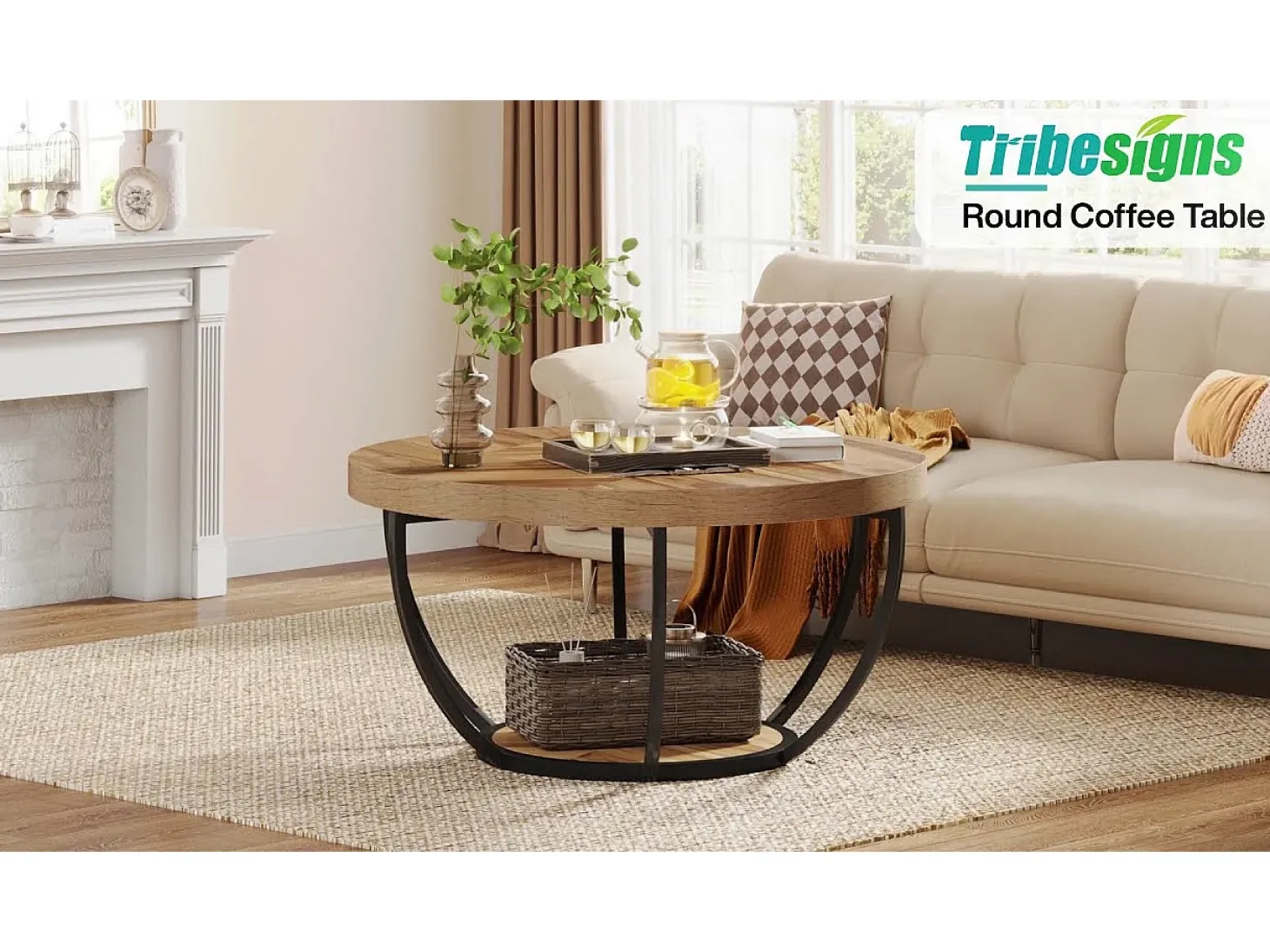 Mesa redonda baixa de coquetel industrial moderna com dois níveis e prateleiras, mesa auxiliar circular para sofá com pernas de metal