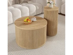 Mesa redonda dupla - com tampos de madeira natural - Mesa de centro - MDF - natural