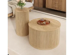 Mesa redonda dupla - com tampos de madeira natural - Mesa de centro - MDF - natural